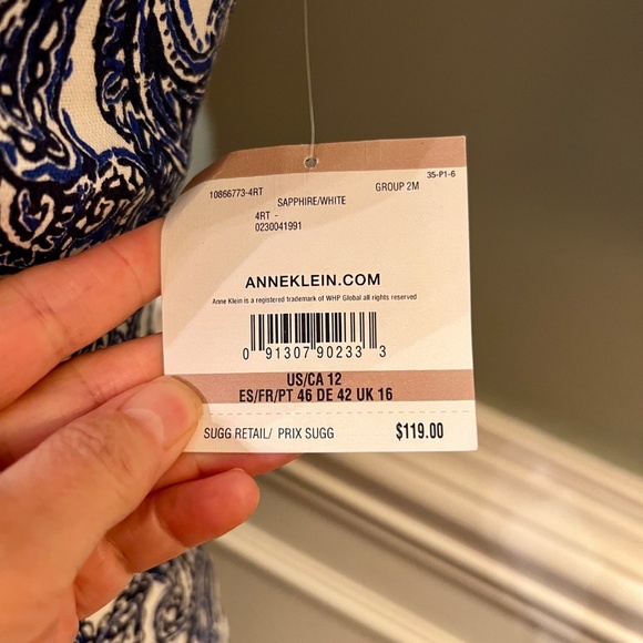 NWT Anne Klein Chelsea Blue White Paisley Print Linen Blend Dress Size 12 - Picture 5 of 5